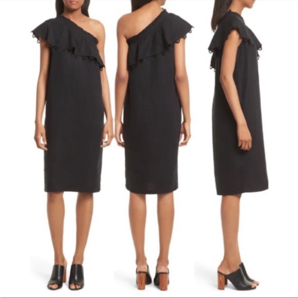 Apiece Apart Black Linen Blend Reina One Shoulder Ruffle Midi Dress sz 4